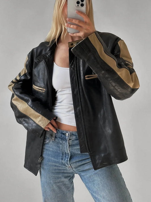 Vintage Oversized Striped Moto Leather Jacket