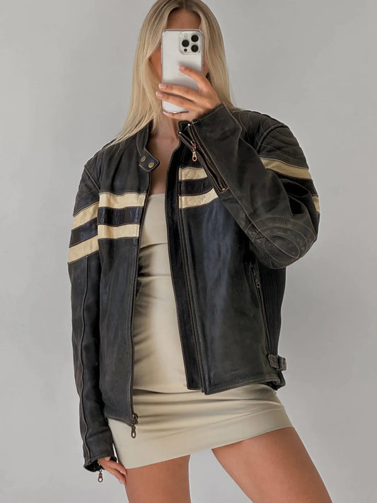 Vintage Oversized Striped Leather Jacket