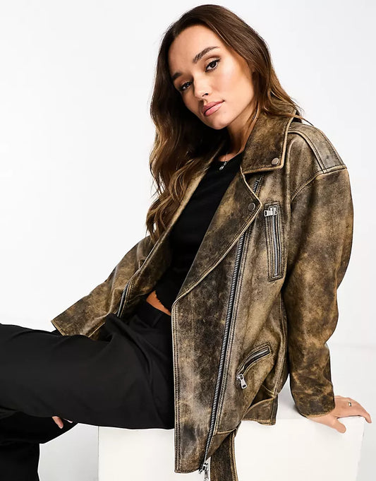 Real leather oversized jacket in brown