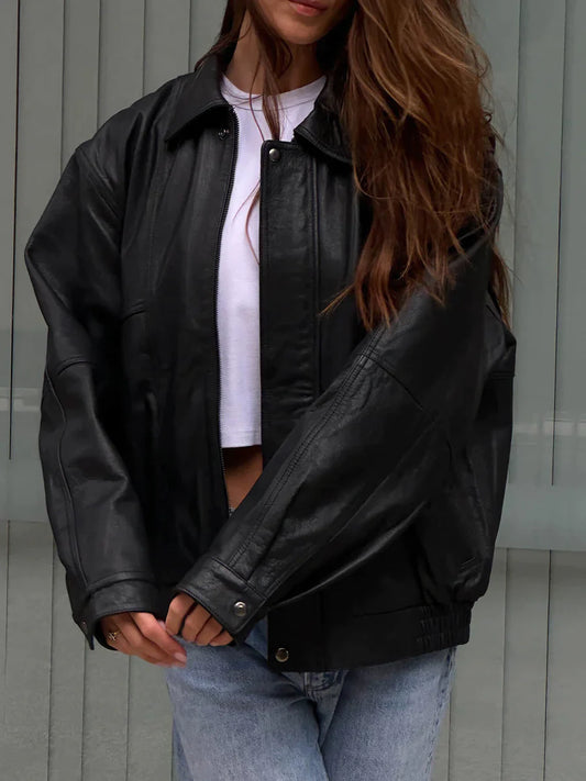 Oversized Leather Bomber Jacket, Classic Black