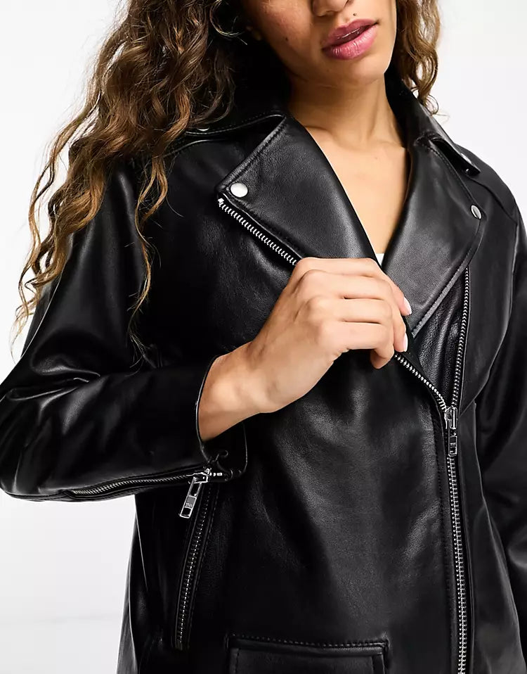 Oversized longline leather jacket in black