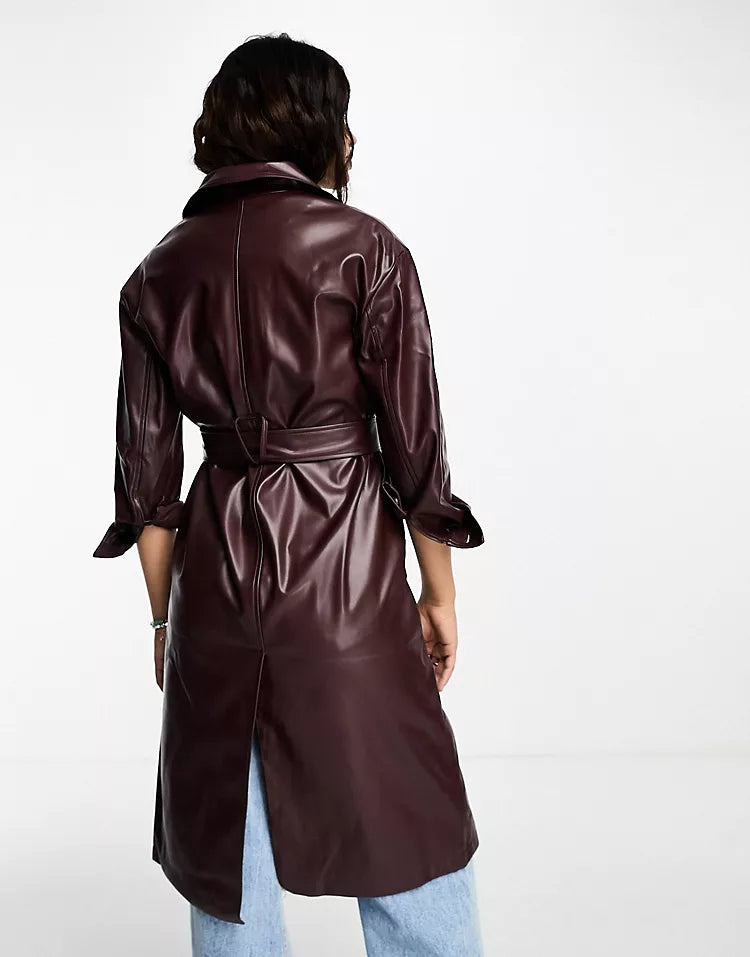 High shine long coat in dark brown