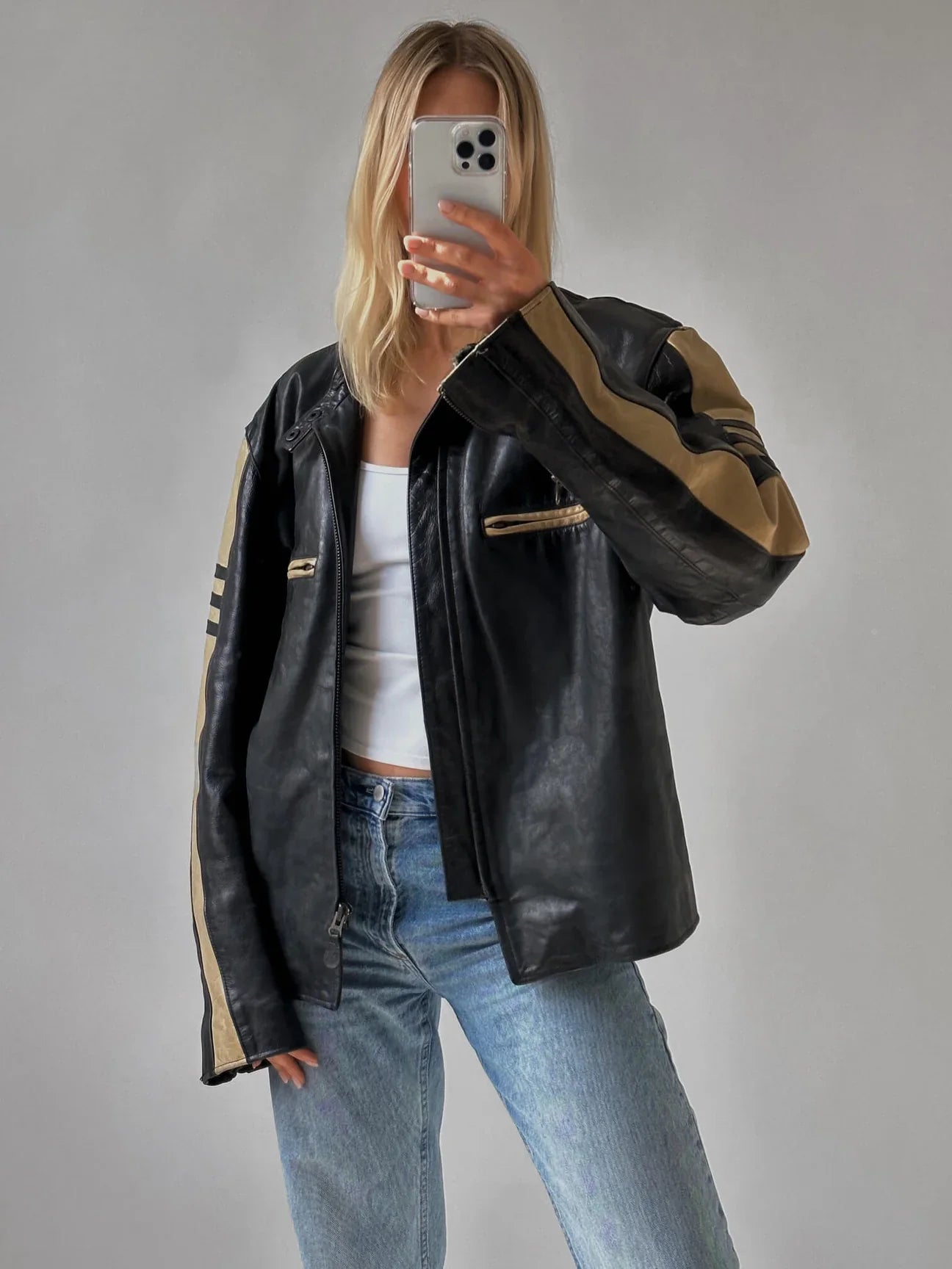 Vintage Oversized Striped Moto Leather Jacket