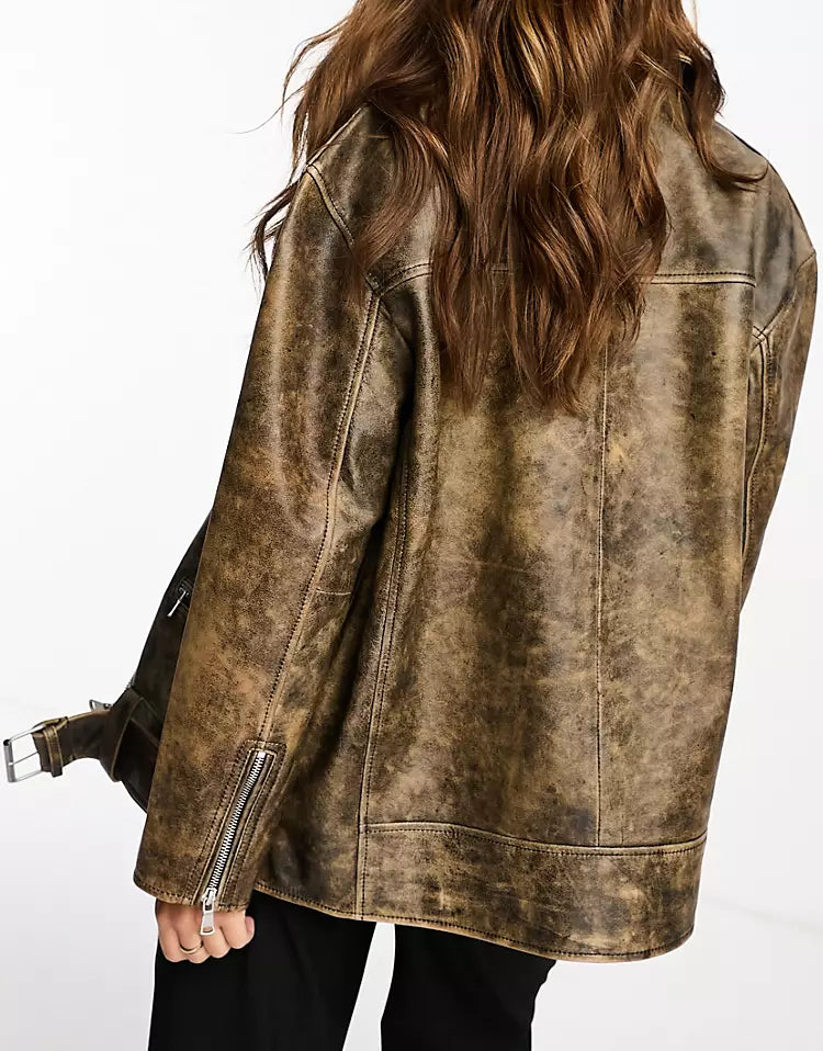 Real leather oversized jacket in brown