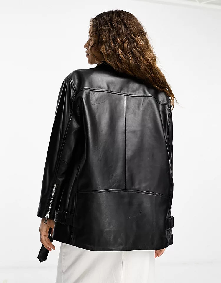 Oversized longline leather jacket in black