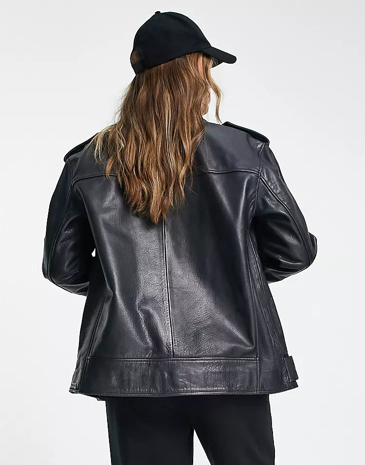 Oversized premium real washed leather jacket in black