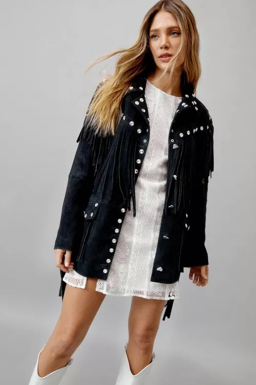 Real leather Suede Embellished Fringe Jacket