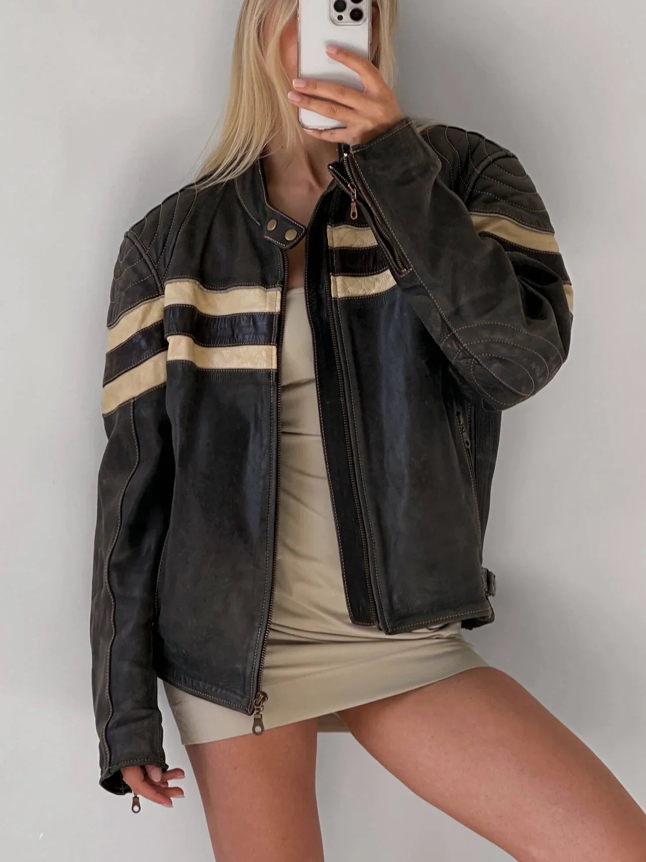 Vintage Oversized Striped Leather Jacket