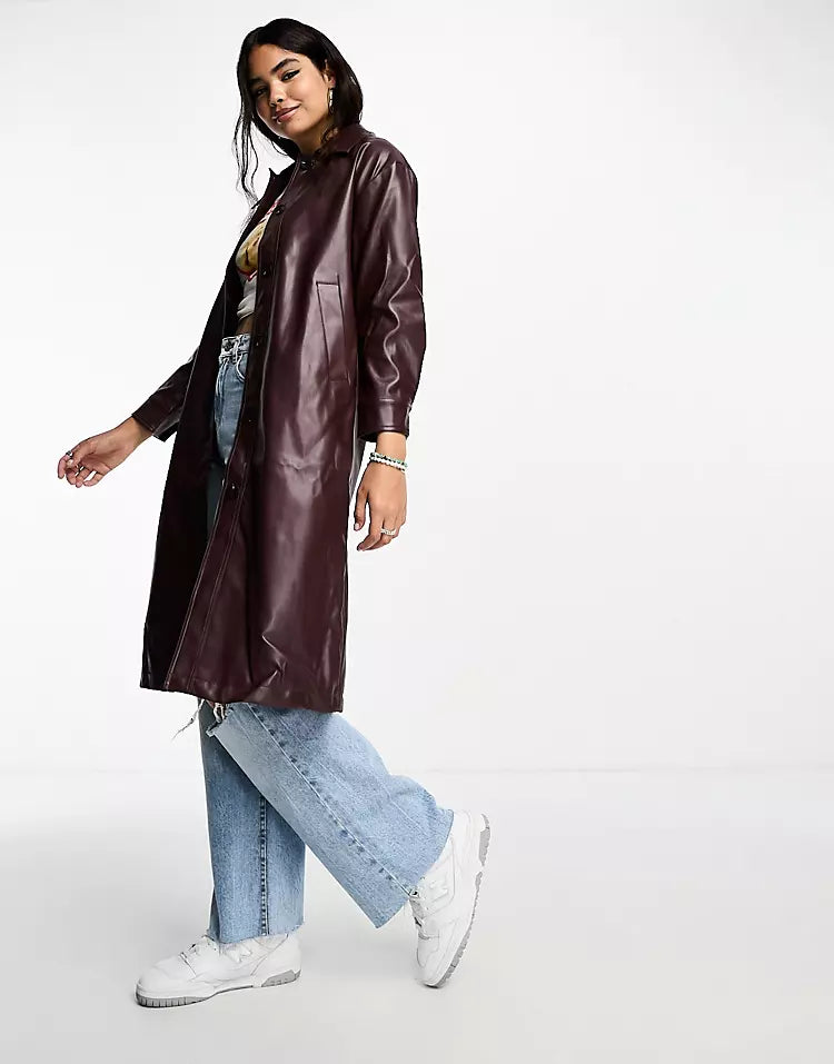 High shine long coat in dark brown