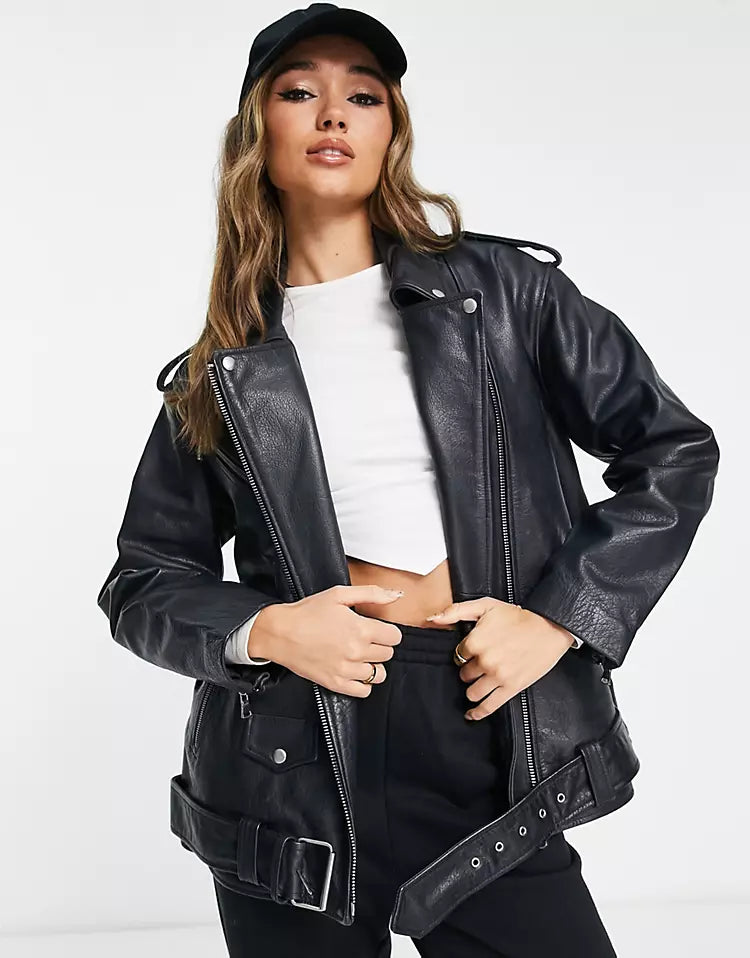 Oversized premium real washed leather jacket in black