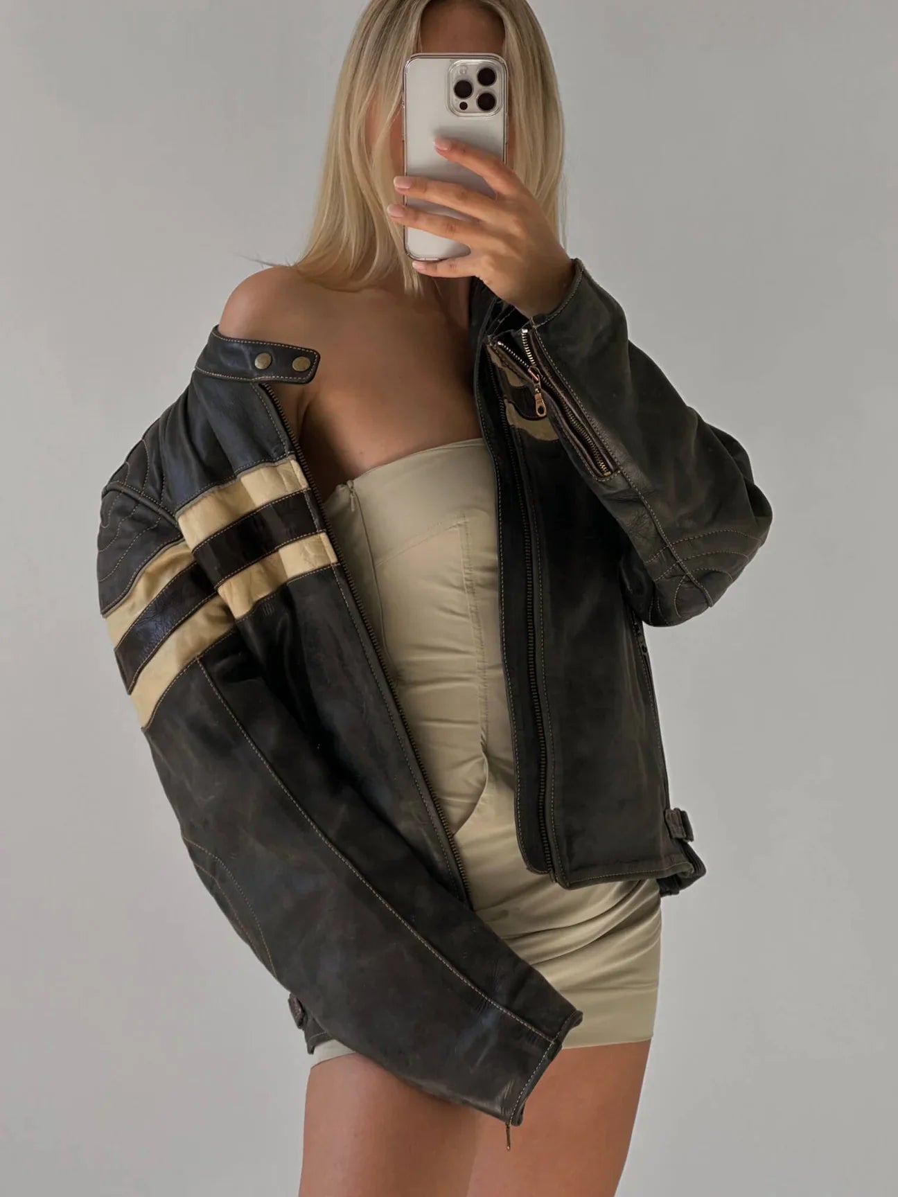 Vintage Oversized Striped Leather Jacket