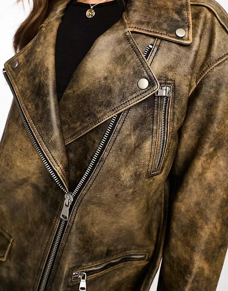 Real leather oversized jacket in brown