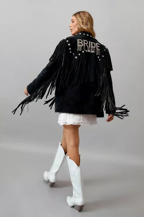 Real leather Suede Embellished Fringe Jacket