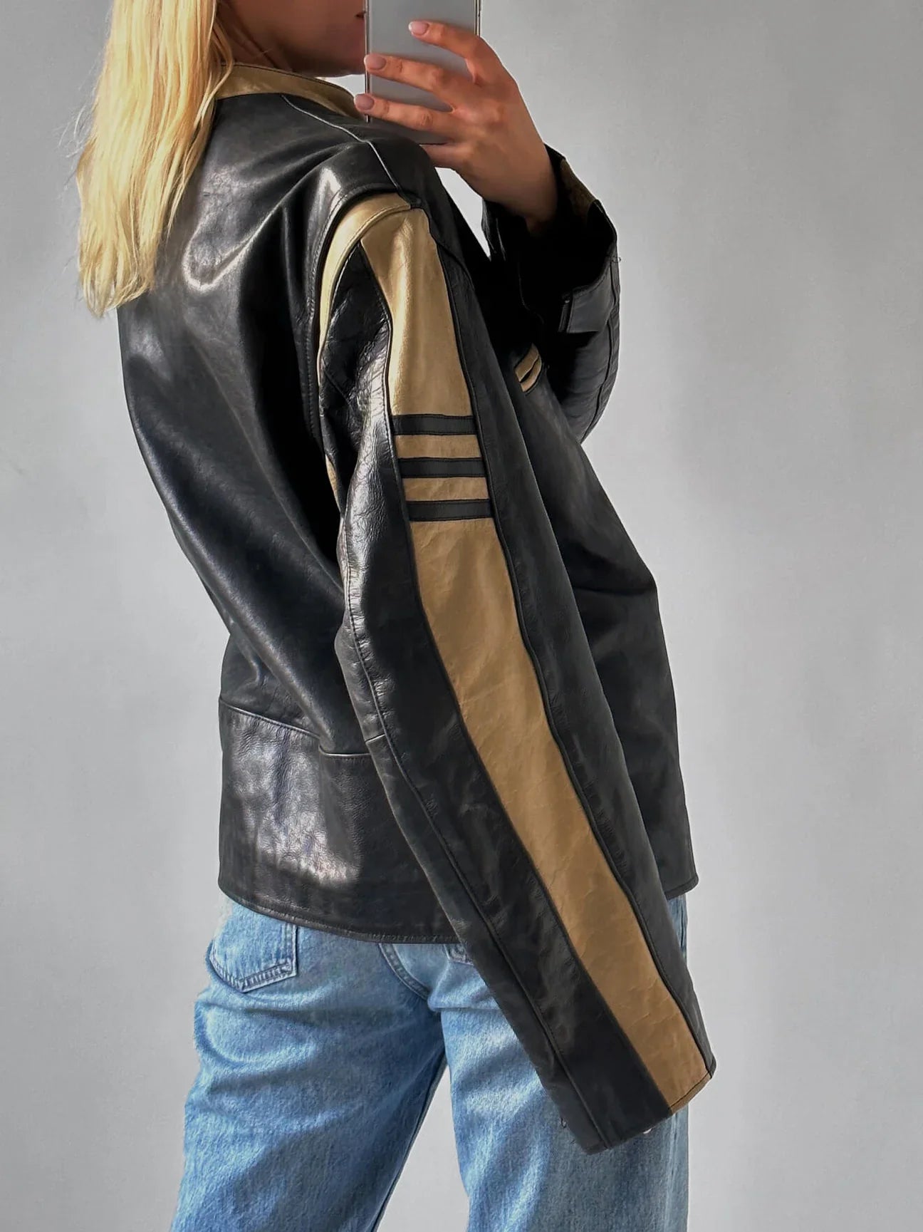 Vintage Oversized Striped Moto Leather Jacket