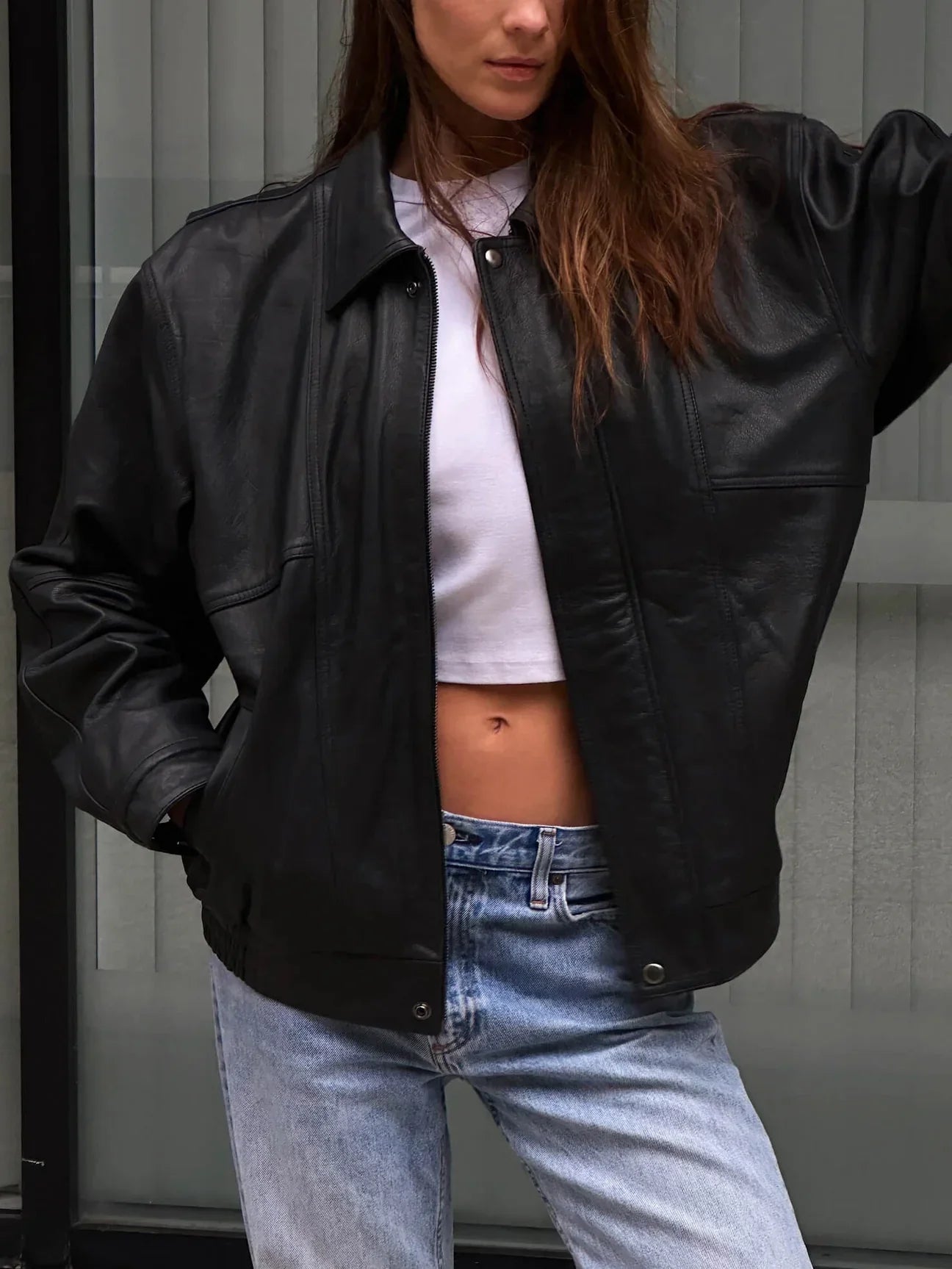 Oversized Leather Bomber Jacket, Classic Black