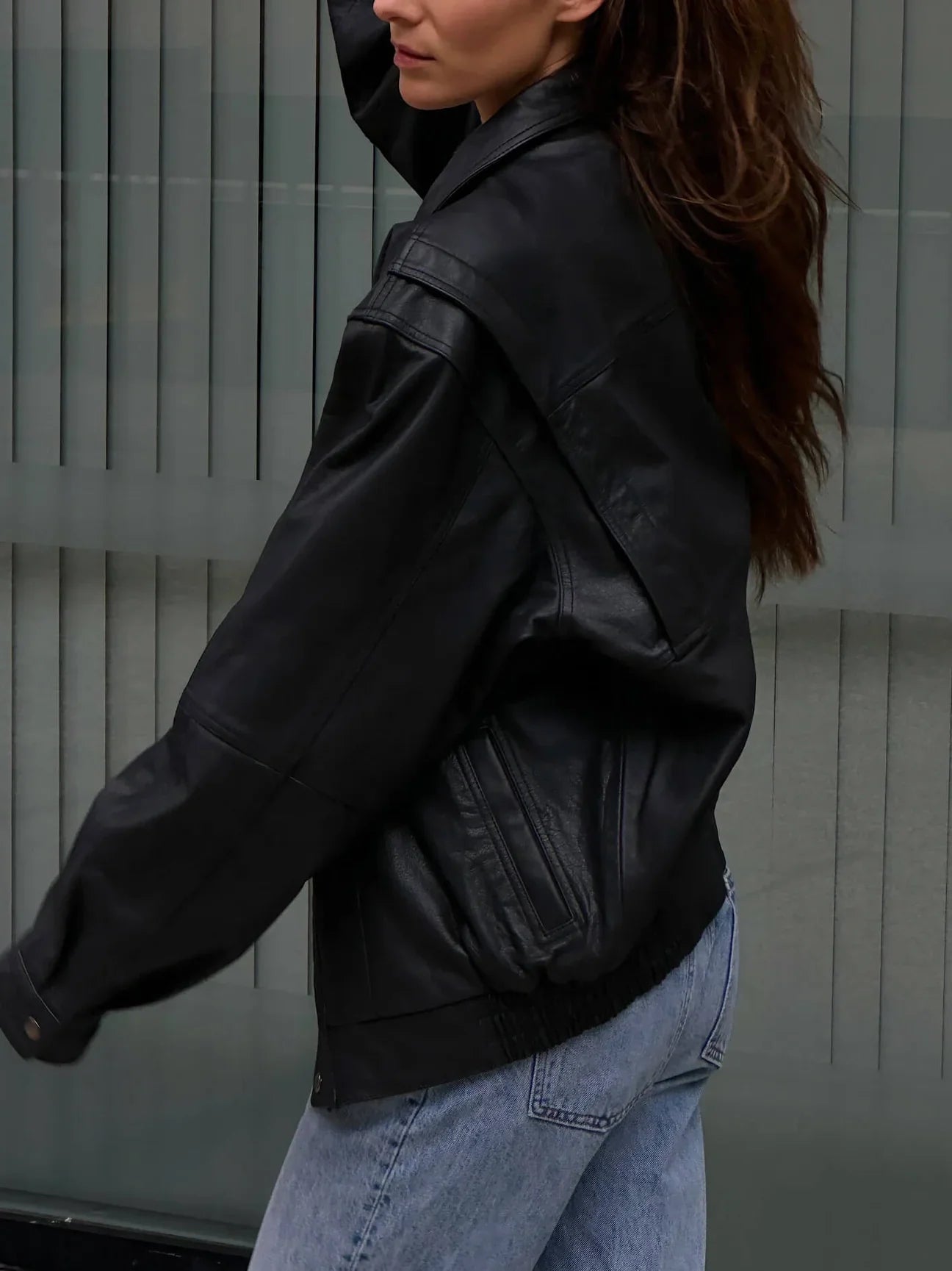 Oversized Leather Bomber Jacket, Classic Black