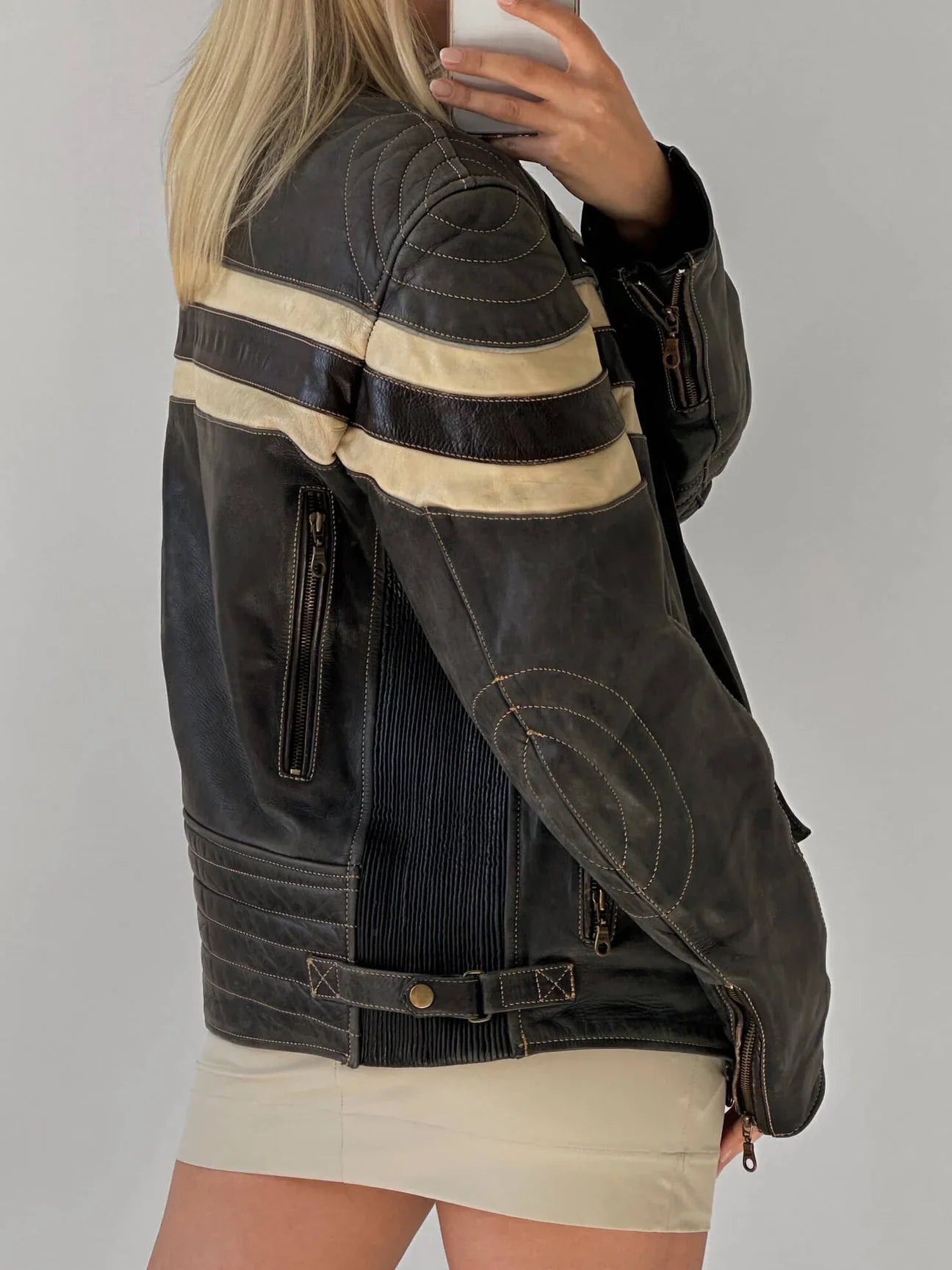 Vintage Oversized Striped Leather Jacket