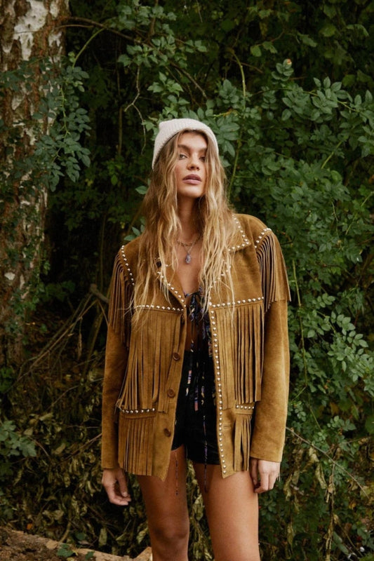 Fringe & Bead Embellished Suede Jacket for Women - Boho Chic Style